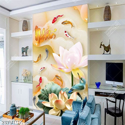 Tranh dán tường hồ cá chép vàng và hoa sen bên chữ nhẫn Tranh dán tường hồ cá chép vàng và hoa sen bên chữ nhẫn