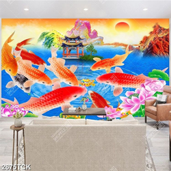 Tranh sơn dầu nhưng chú cá chép vàng bên ngôi chùa nhỏ