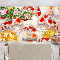 Tranh nghệ thuật đàn cá chép vàng dưới cành hoa mẫu đơn Tranh nghệ thuật đàn cá chép vàng dưới cành hoa mẫu đơn