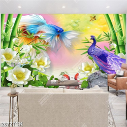 Tranh in canvas chú cá sim betta và chim công màu tím Tranh in canvas chú cá sim betta và chim công màu tím