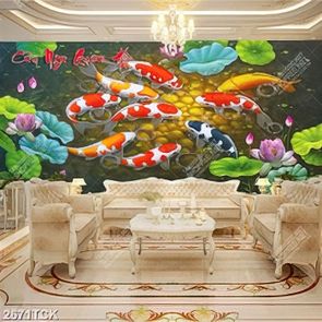 Tranh treo tường đàn cá chép bơi trong đầm hoa sen hồng Tranh treo tường đàn cá chép bơi trong đầm hoa sen hồng