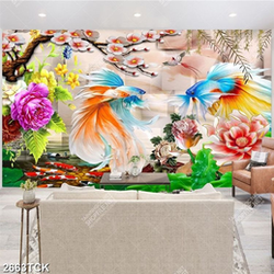 Tranh hoa sen cá chép vàng bên cành hoa anh đào giả ngọc Tranh hoa sen cá chép vàng bên cành hoa anh đào giả ngọc