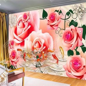 Tranh những bông hoa hồng nhung bên hồ cá chép vàng Tranh những bông hoa hồng nhung bên hồ cá chép vàng