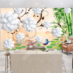 Tranh những bông hoa trắng giả ngọc bên cá chép dán tường Tranh những bông hoa trắng giả ngọc bên cá chép dán tường