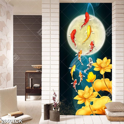 Tranh bông hoa sen dáp vàng trong hồ cá chép dưới trăng Tranh bông hoa sen dáp vàng trong hồ cá chép dưới trăng