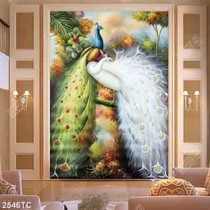 Tranh sơn dầu chim công in canvas đẹp