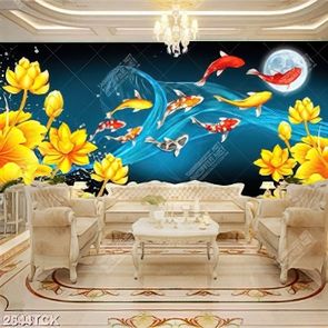 Tranh in tường đàn cá chép bơi tung tăng dưới ánh trăng Tranh in tường đàn cá chép bơi tung tăng dưới ánh trăng
