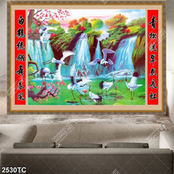 Tranh treo tường đàn hạc và thác nước phong thủy