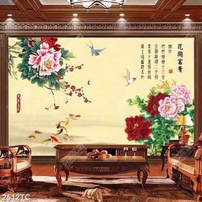 Tranh thư pháp hoa mẫu đơn và cá chép