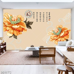 Tranh thư pháp hoa mẫu đơn vàng