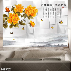 Tranh hoa mẫu đơn và chữ thư pháp đẹp