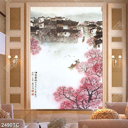 Tranh phố cổ trên sông vào mùa xuân