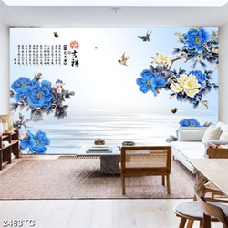 Tranh hoa mẫu đơn xanh và chữ thư pháp