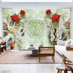 Tranh chữ thư pháp chim công và đôi Hạc