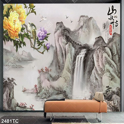 Tranh hoa mẫu đơn nền tranh thủy mặc