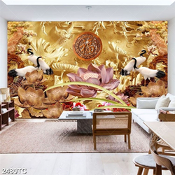 Tranh điêu khắc gỗ chim Hạc và hoa Sen