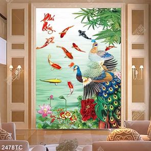 Tranh đôi chim công và cá chép Koi