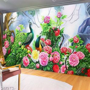 Tranh đôi công và vườn hoa mẫu đơn