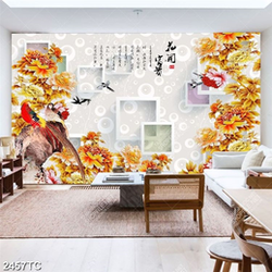 Tranh tài lộc hoa mẫu đơn thư pháp in dán tường