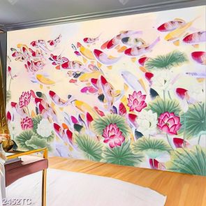 Tranh đàn cá chép Koi và hoa Sen