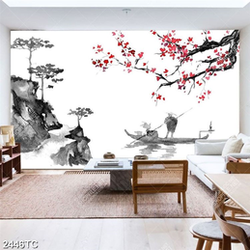 Tranh hoa đào và người lái đò