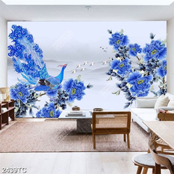 Tranh chim công và mẫu đơn xanh