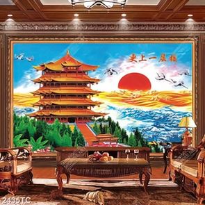 Tranh ngôi chùa trên núi hoàng hôn