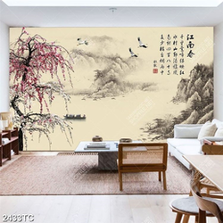 Tranh cây đào và phong cảnh sông núi