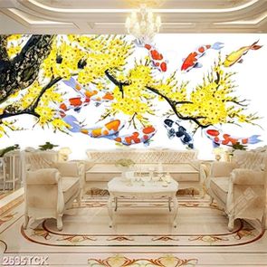 Tranh bông hoa sen bên đàn bướm xinh đẹp dáp vàng psd