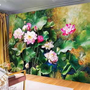 Tranh sơn dầu đầm hoa sen và đàn cá chép vàng in 8d Tranh sơn dầu đầm hoa sen và đàn cá chép vàng in 8d