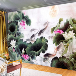 Tranh hồ hoa sen và cá chép dưới ánh trăng vàng psd