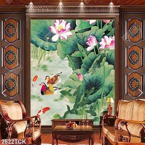 Tranh psd hoa sen cá chép bên hai chú vịt trời xinh đẹp