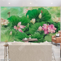 Tranh decor đầm hoa sen hồng khoe sắc chen chúc lá xanh