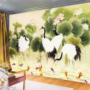 Tranh bông hoa sen hồng và đàn cò trắng trong hồ cá chép