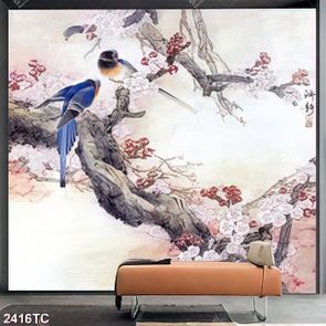 Tranh sơn dầu hoa đào và chim