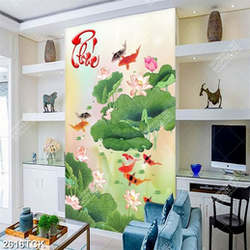 Tranh cá chép bên hồ hoa sen hồng và chữ phúc in 5d