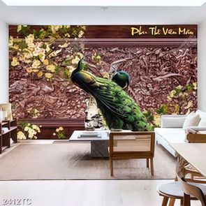 Tranh phù điêu chim công và hoa mai