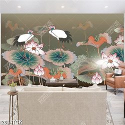 Tranh in tường đôi chim hạc trắng trong hồ cá chép