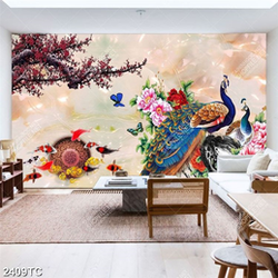 Tranh hoa đào và chim công