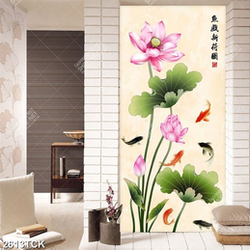 Tranh nghệ thuật hoa sen và đàn cá chép bơi tung tăng