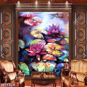 Tranh sơn dầu trang trí những bông hoa sen hồng xinh đẹp