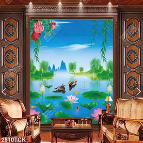 Tranh đôi vịt trời bơi tung tăng trong hồ sen in 3d