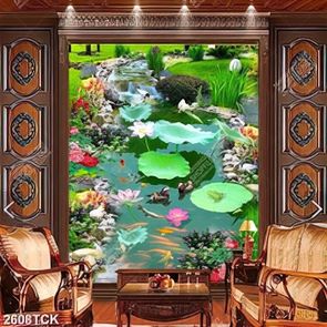 Tranh hồ hoa sen hồng và đàn cá chép bơi tung tăng  psd