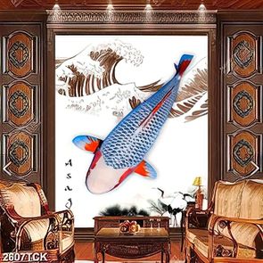 Tranh psd chú cá koi bên đàn hạc trắng xinh đẹp in tường