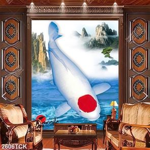 Tranh decor chú cá koi màu tắng trong dòng nước xanh
