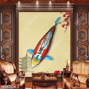 Tranh in uv chú cá koi màu đỏ tung tăng trong dòng nước