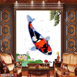 Tranh psd chú cá koi màu đỏ bơi trong hồ sen hồng Tranh psd chú cá koi màu đỏ bơi trong hồ sen hồng