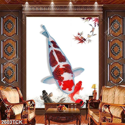 Tranh ánh trăng đỏ bên chú cá koi màu trắng đỏ xinh đẹp