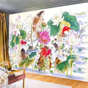 Tranh sơn dầu đàn cá chép trong đầm hoa sen hồng