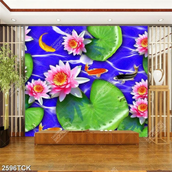 Tranh trang trí hồ hoa sen hồng khoe sắc bên cá chép